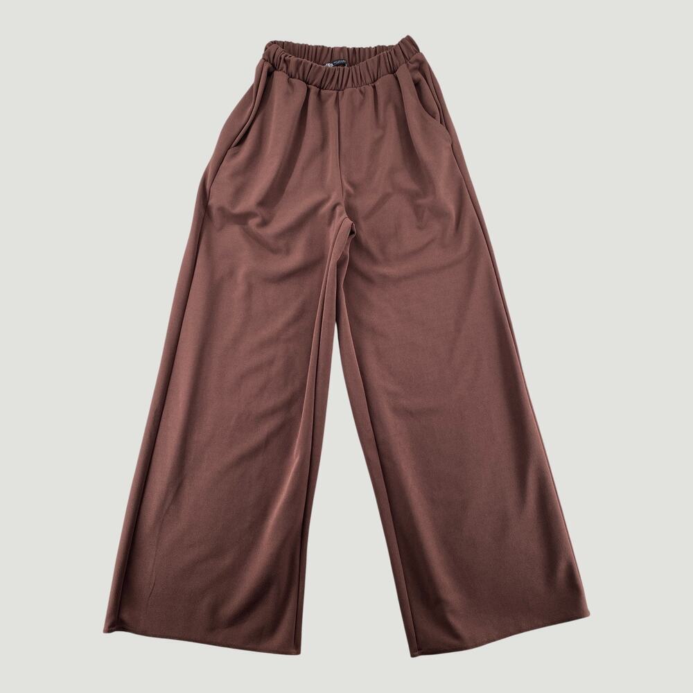 ZARA Brown Wide Leg Elastic Waist Pants Size S Flowy Minimal Chic